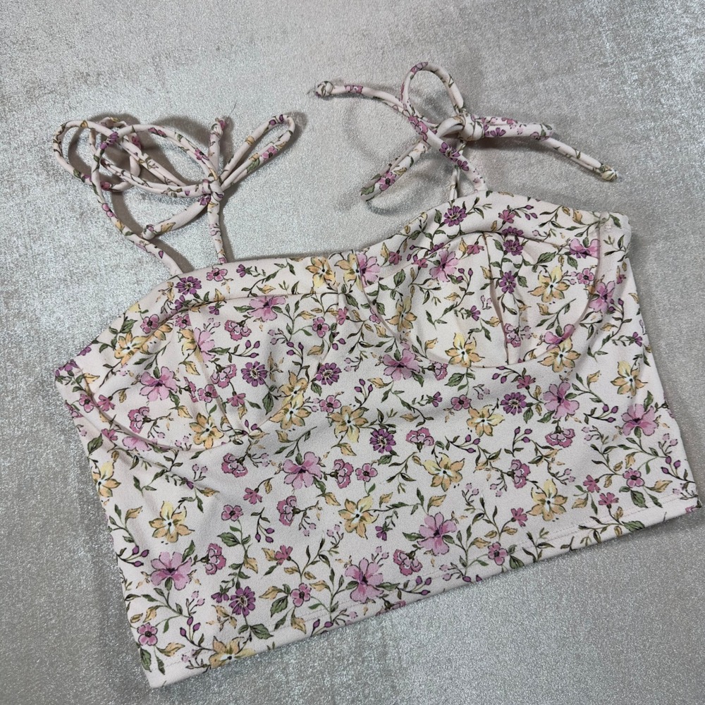 Altar'd State Floral Bustier Crop Top Pink Purple Tie Shoulder Camisole Large